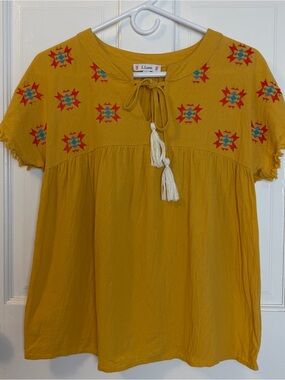 L Love Embroidered Peasant Boho 100% Cotton Mustard Yellow Top, Size S